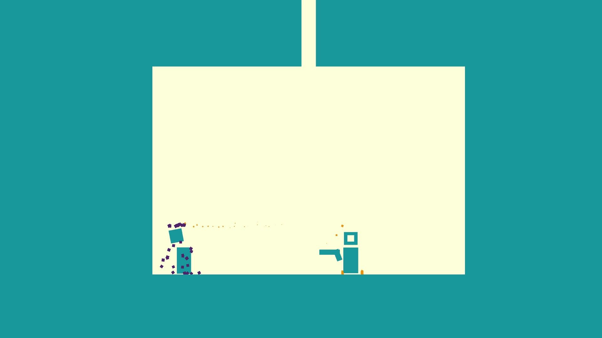 A minimal 2D character holding a gun, facing a decapitated opponent.